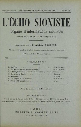 L'Echo Sioniste. Vol. 2 n° 21-22 (20 septembre-5 octobre 1901)